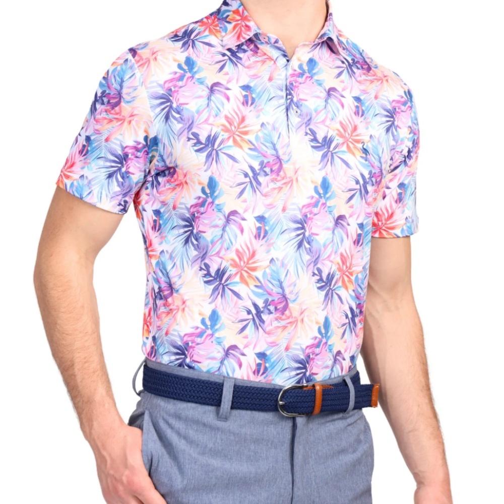Tailorbyrd Watercolour Leaves Print Performance Polo
